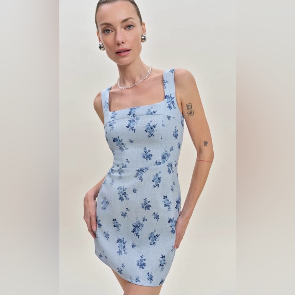 Reformation Light Blue Floral Square-Neck Midi Dress